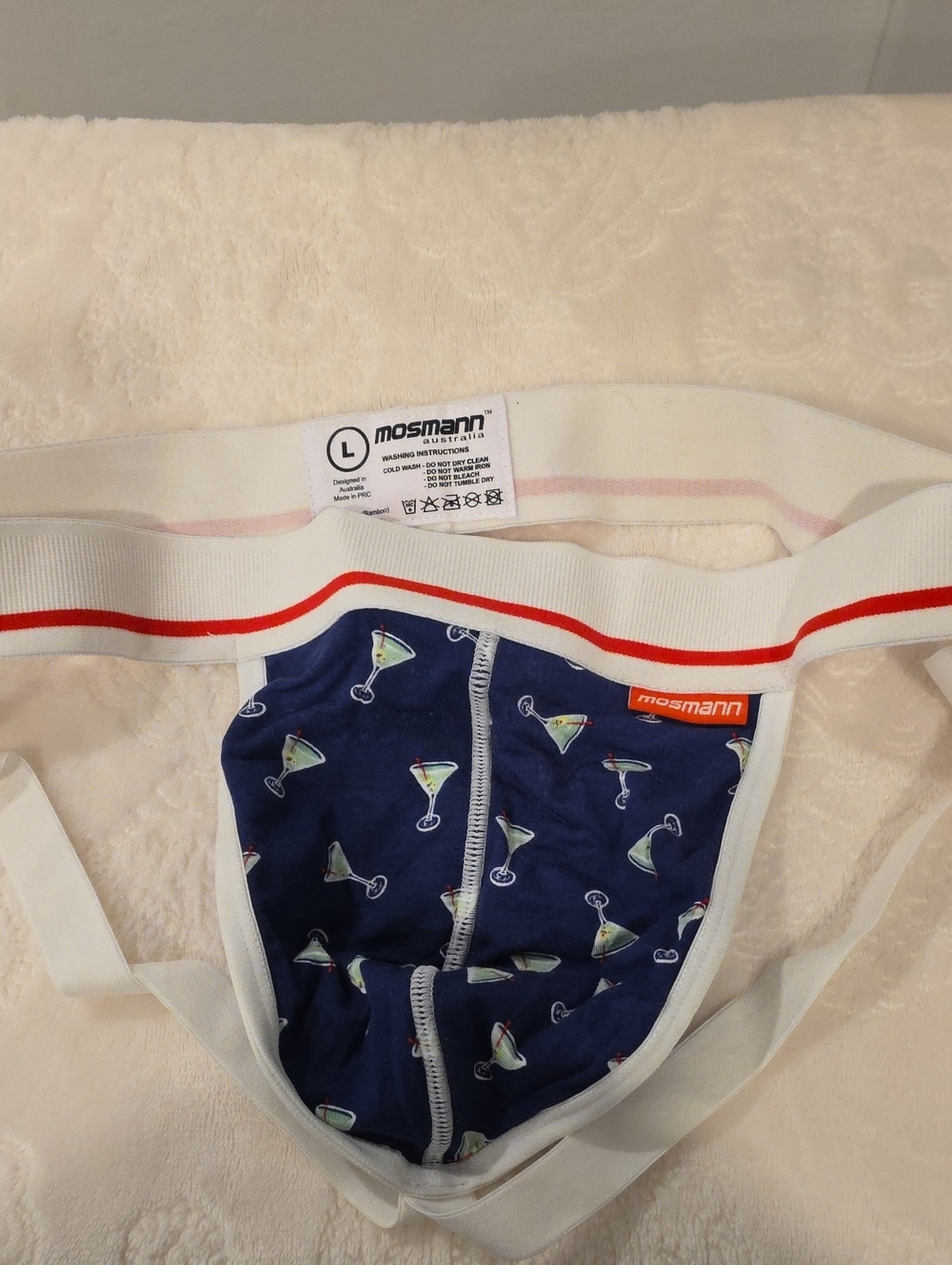 Mosmann Navy Martini-Print Men's Jockstrap - White Waistband